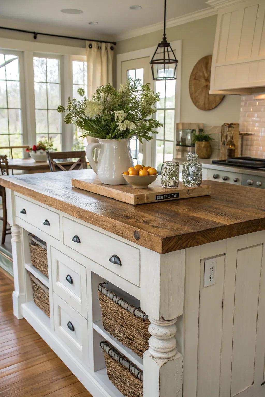 A countryside kitchen island showcasing a robust butcher block surface.