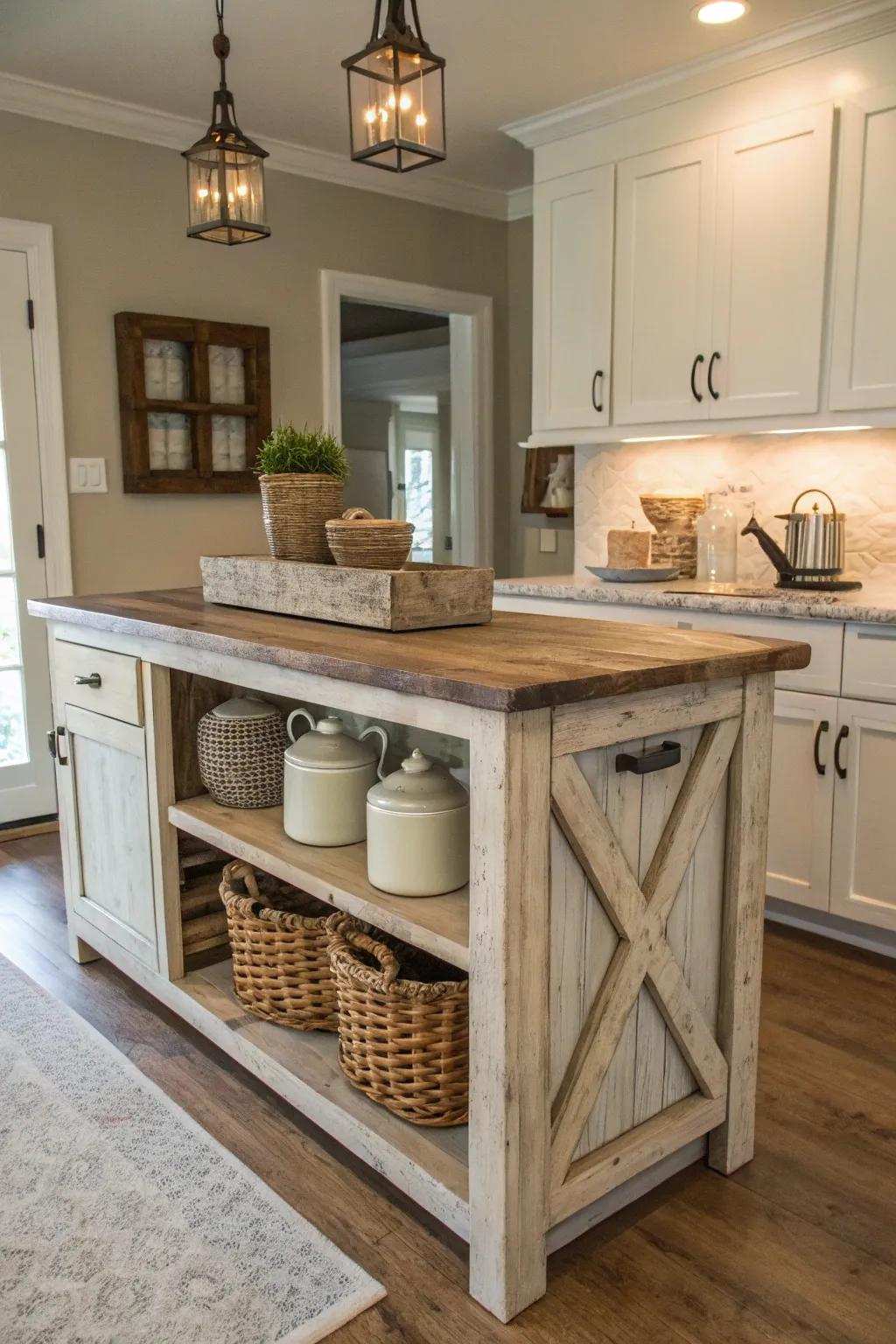 A countryside kitchen island situated in a soothing understated color palette.
