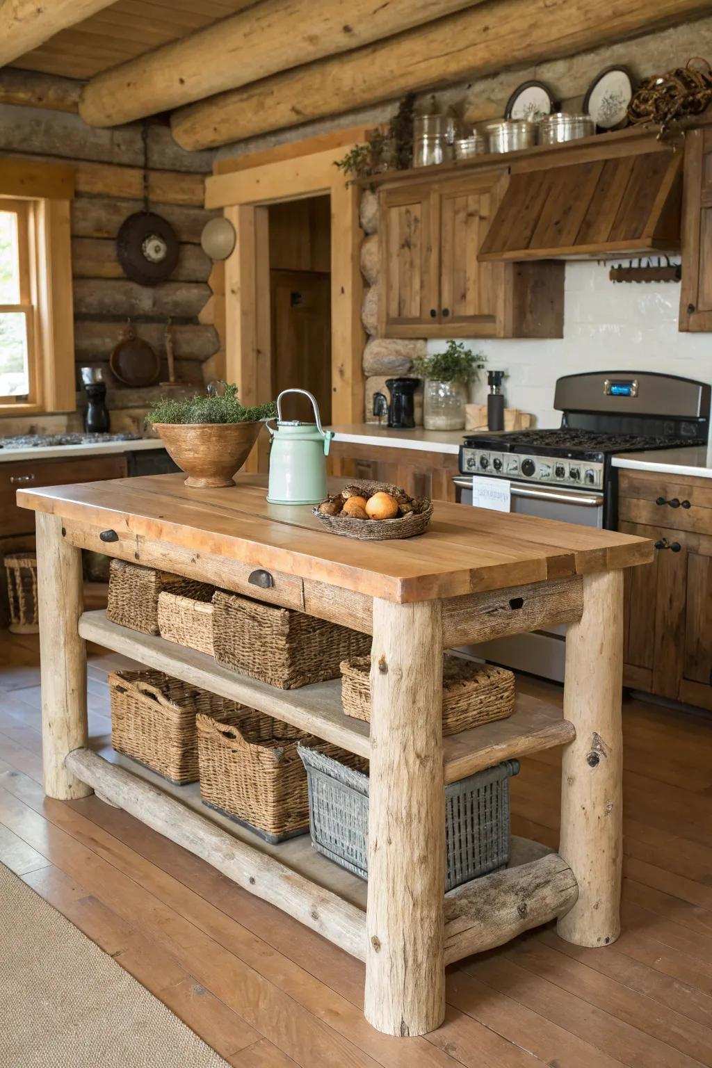 A countryside kitchen island that emulates a log cabin vibe with solid log construction.