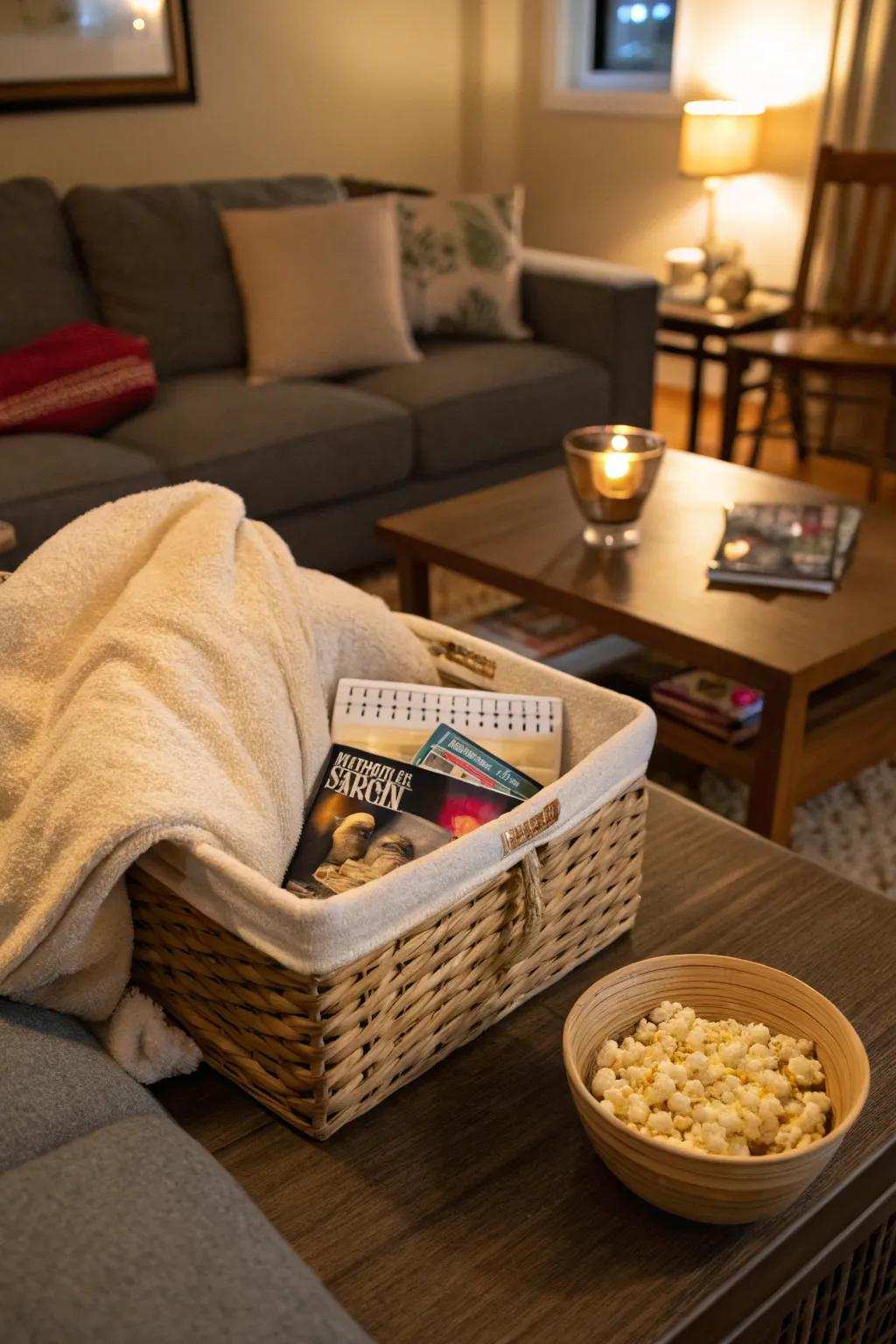 A cozy basket designed for a romantic evening at home.