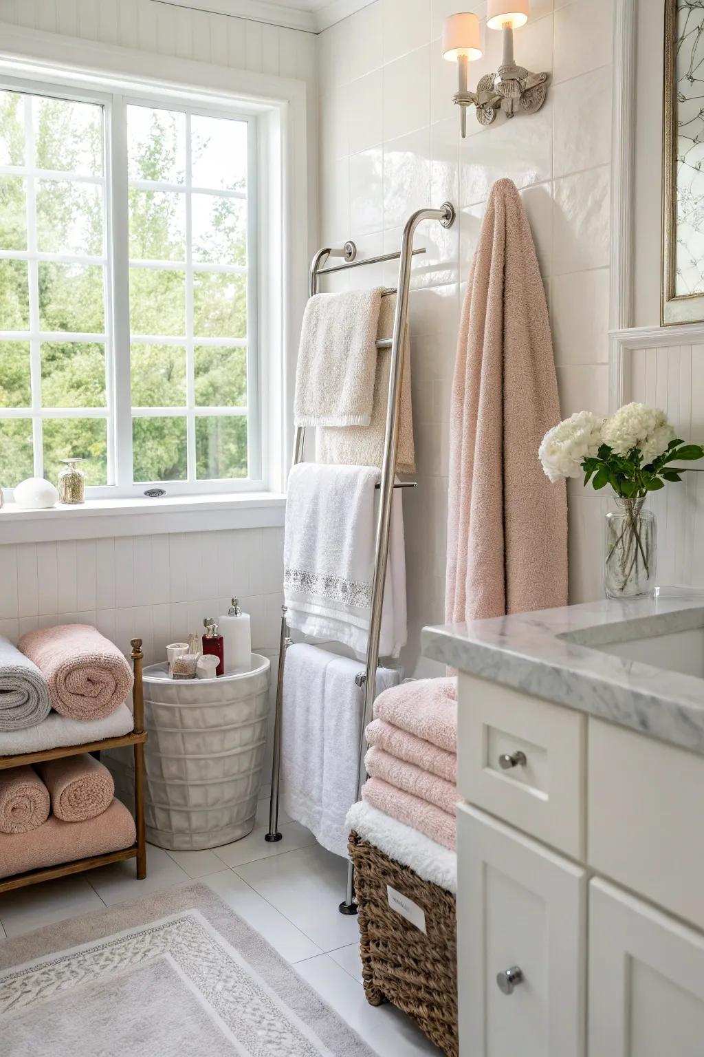 A cozy bathroom featuring plush towels and soft textile accents.