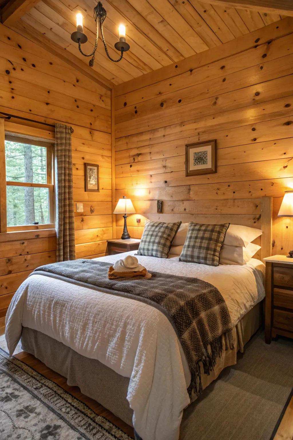 A cozy cabin bedroom boasting deluxe bedding and pine cladding allure.