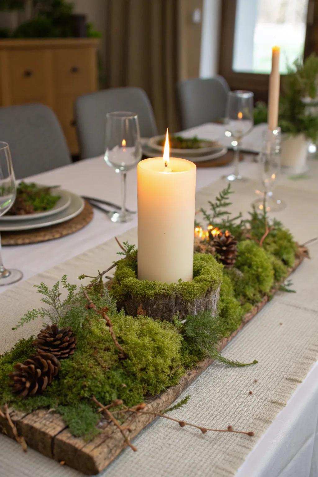 A cozy flame centerpiece featuring a lush moss base.