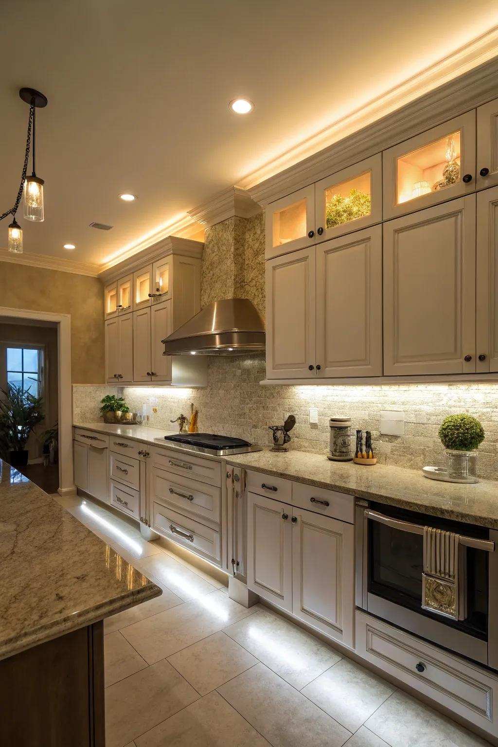 A cozy glow thanks to faux molding and under-cabinet lamps.