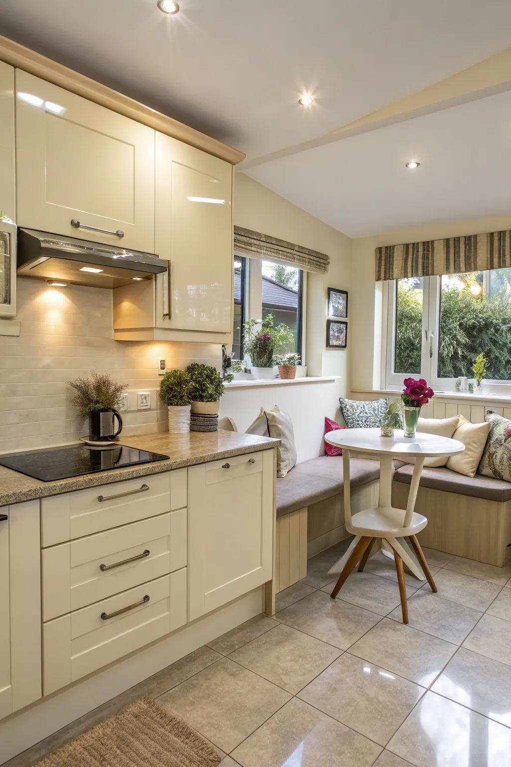 A cozy nook adding warmth and invitation to a cream gloss kitchen.