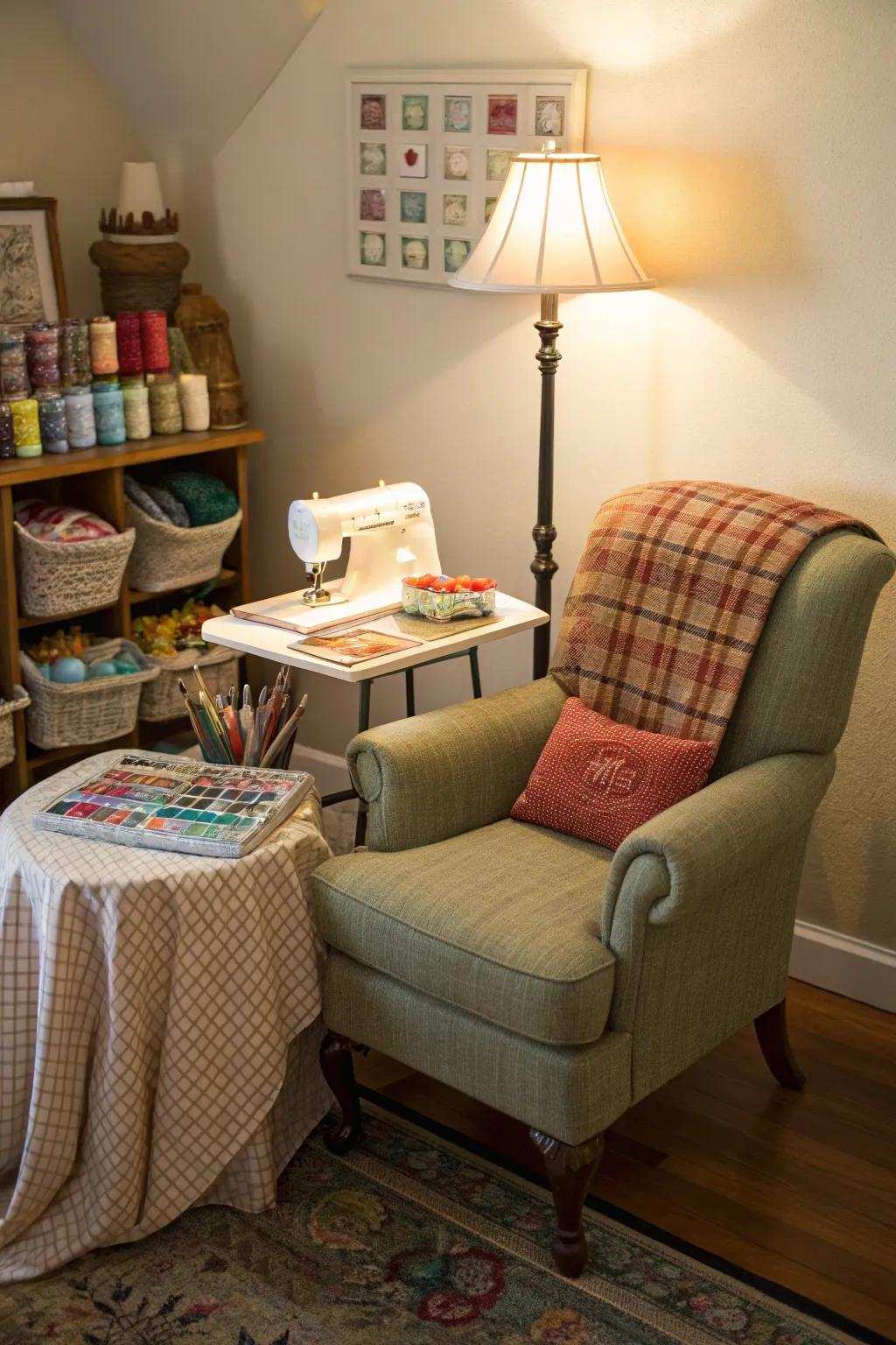 A cozy nook offers a focused creative retreat.