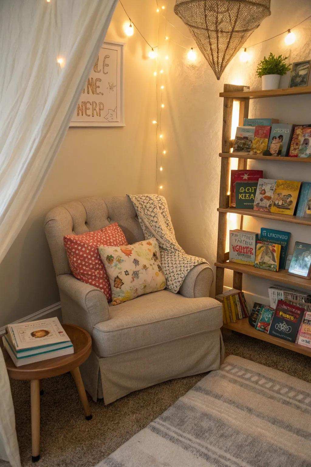 A cozy reading corner provides a space for calm indoor moments.