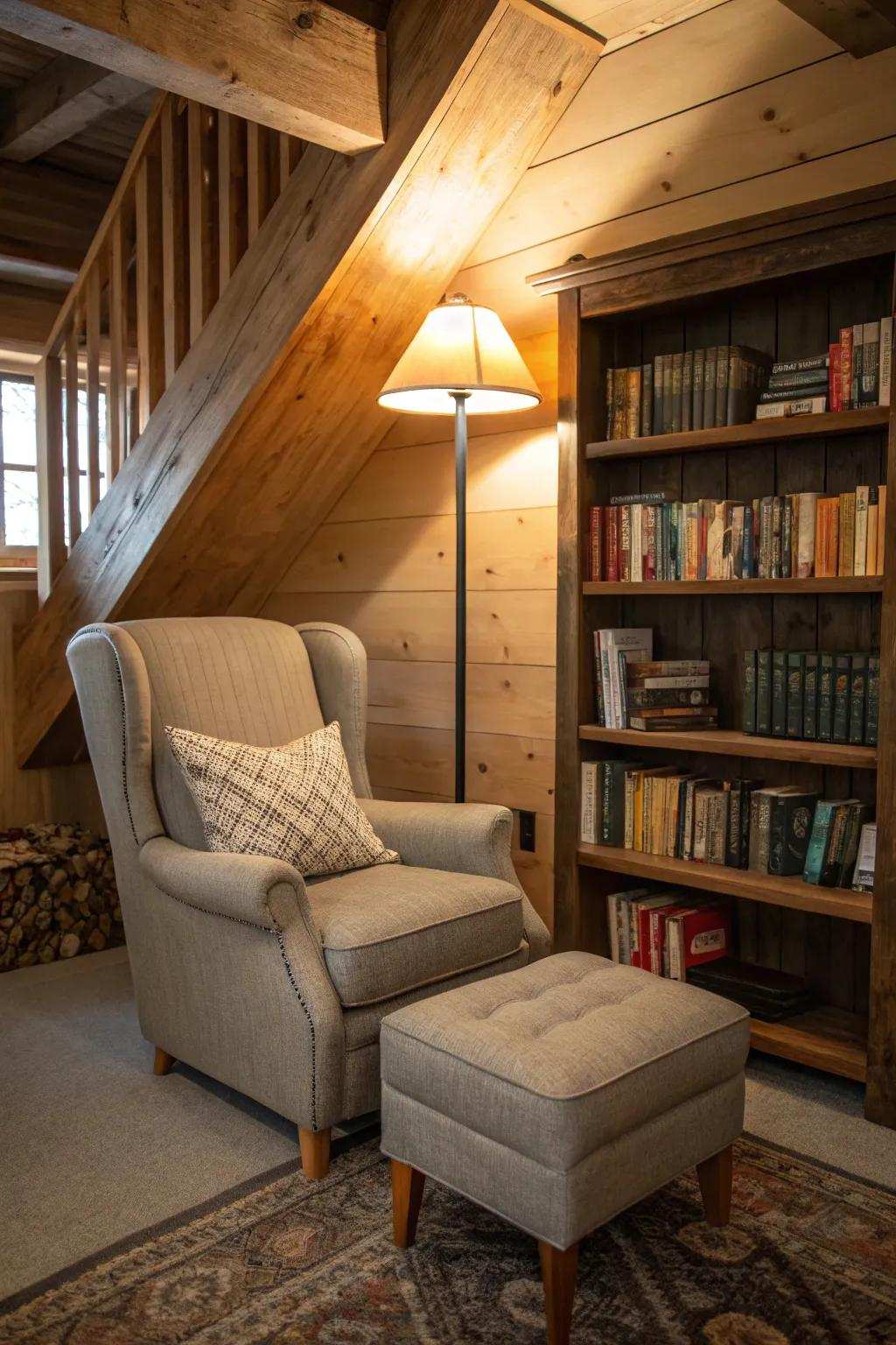 A cozy space for reading offers a tranquil escape in this man cave.