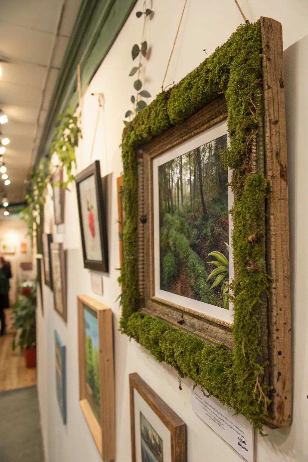 A creative mossy photo border that serves dual purpose as living artistry.