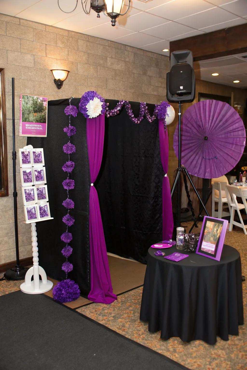 A creative photo spot featuring violet props and an ebony backdrop.