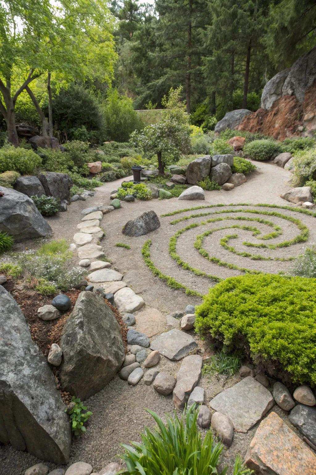 A creative round and round design in a small rock garden.