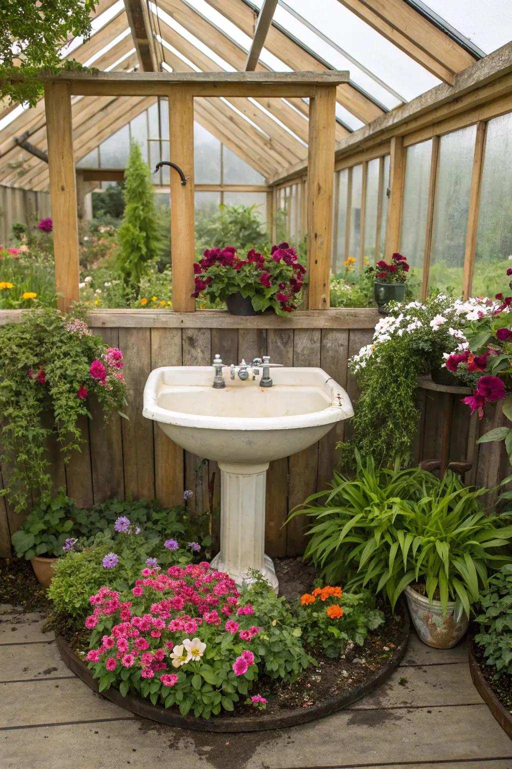 A creative sink garden that adds color and charm to a greenhouse.
