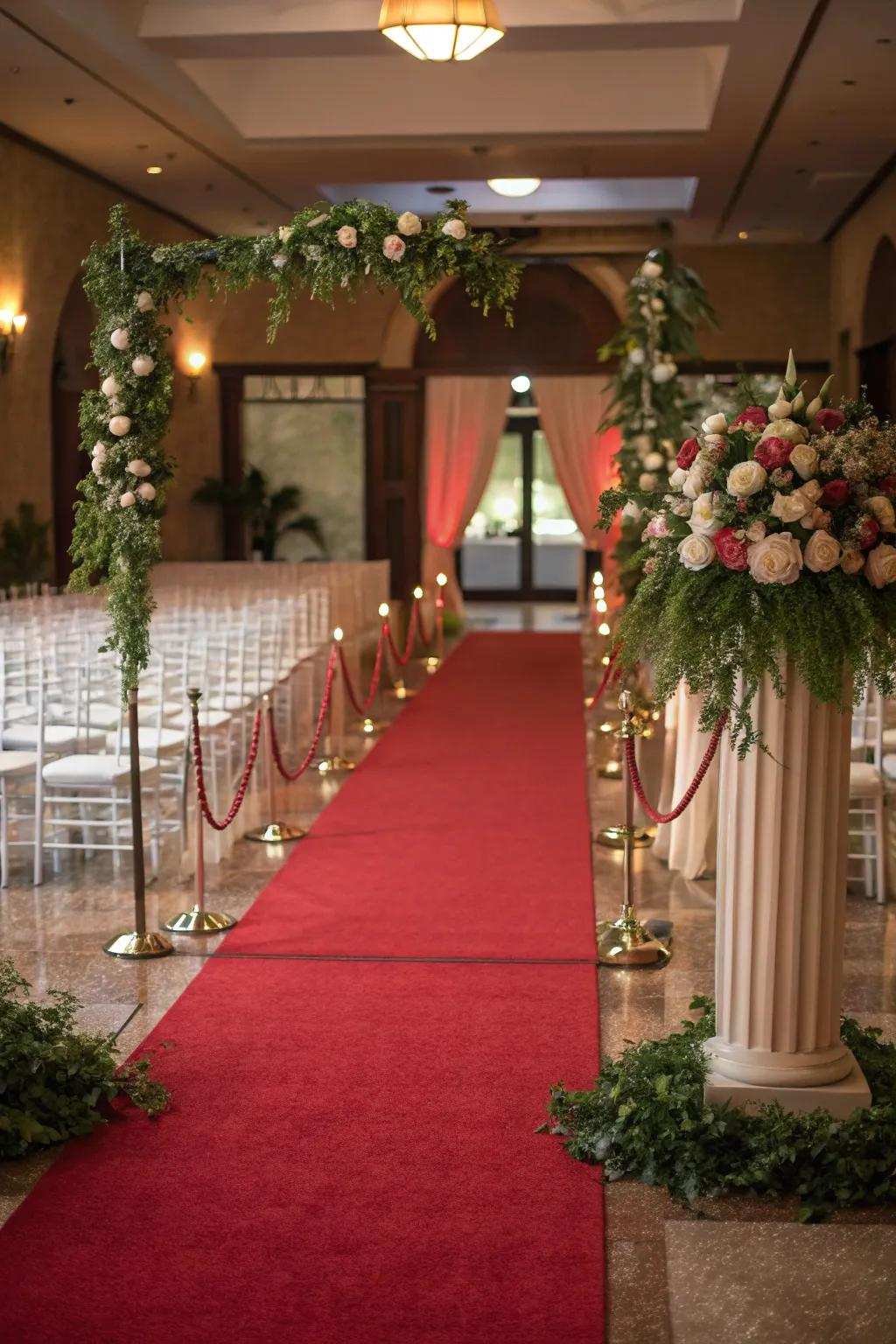 A crimson-paved pathway, imbuing a nuance of elegance to the ceremony.