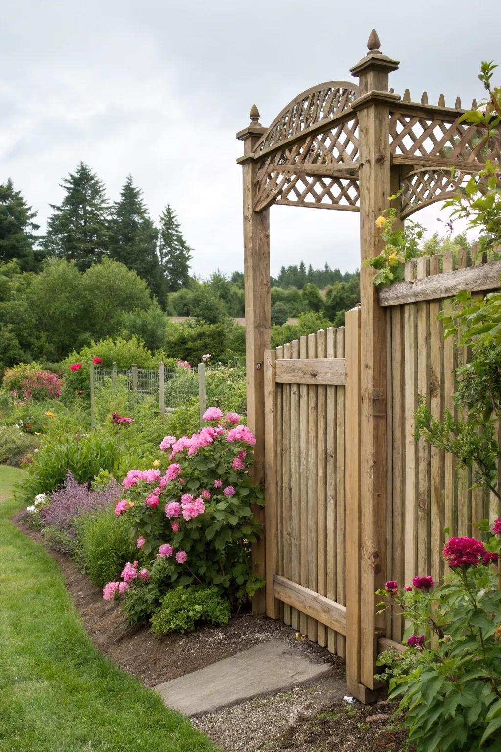 A crisscross upper section infuses elegance and illumination to a timber fence.