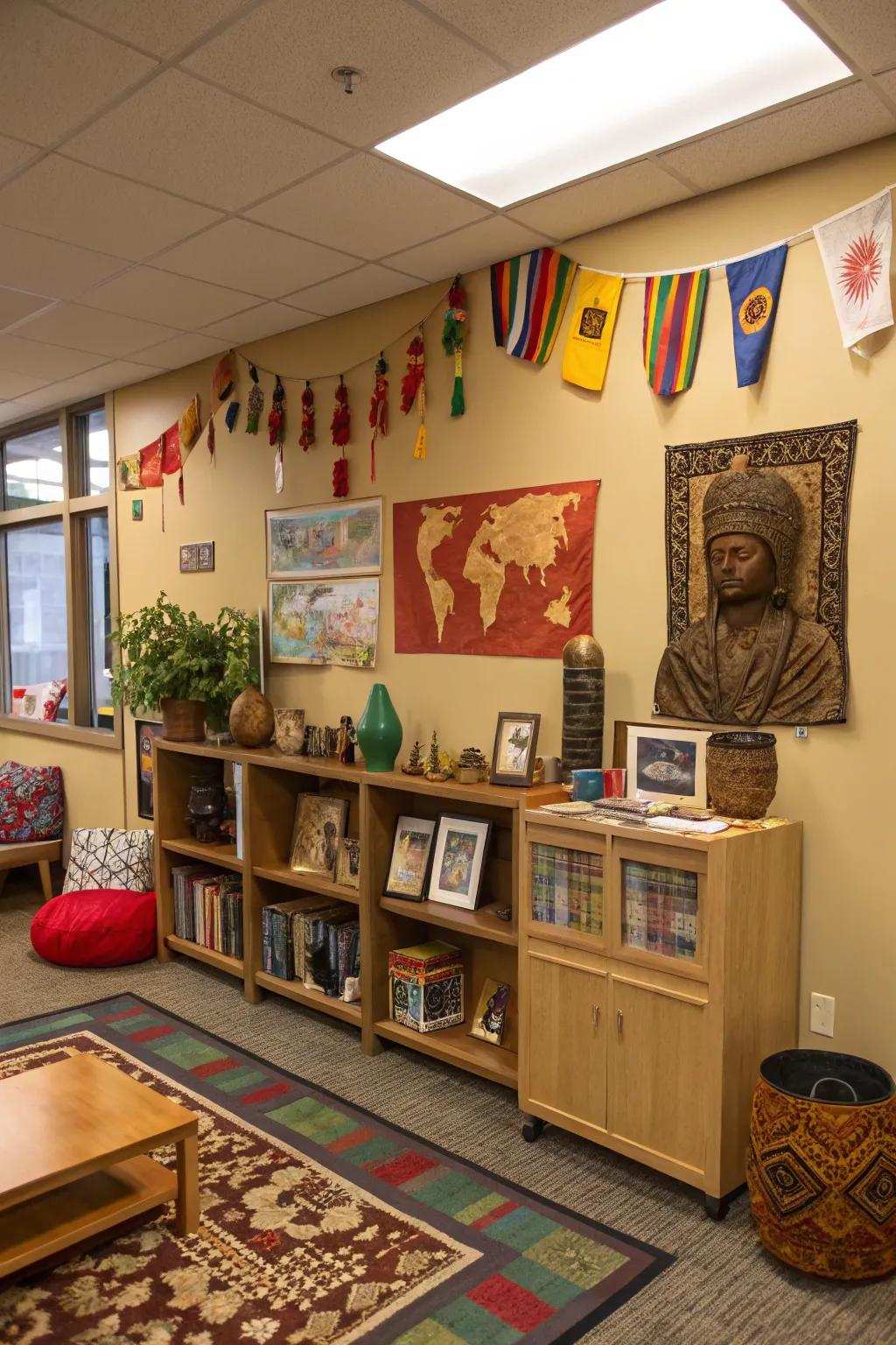 A cultural corner celebrates diversity and inclusion.