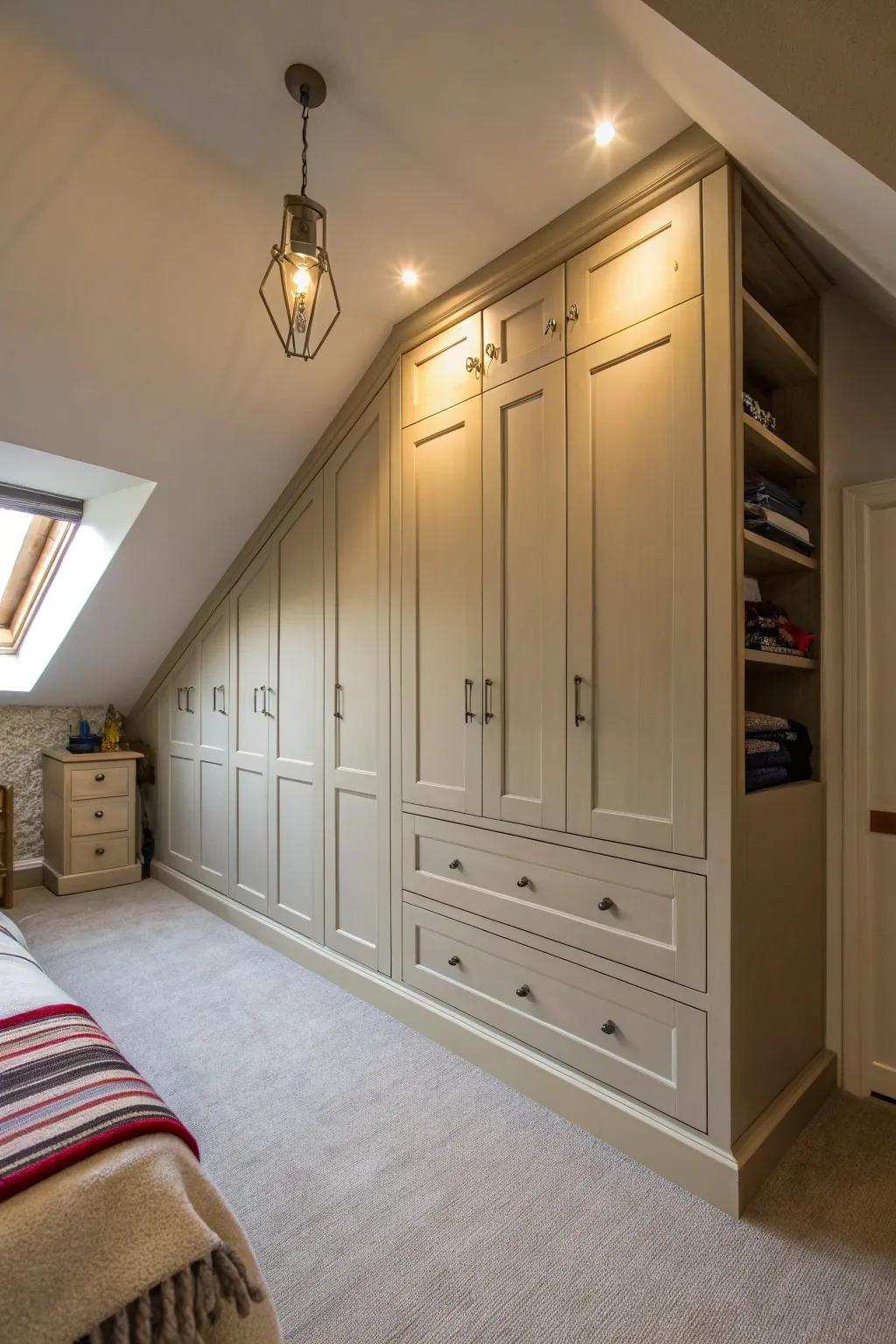 A custom closet that integrates flawlessly into an area featuring a slanted ceiling.