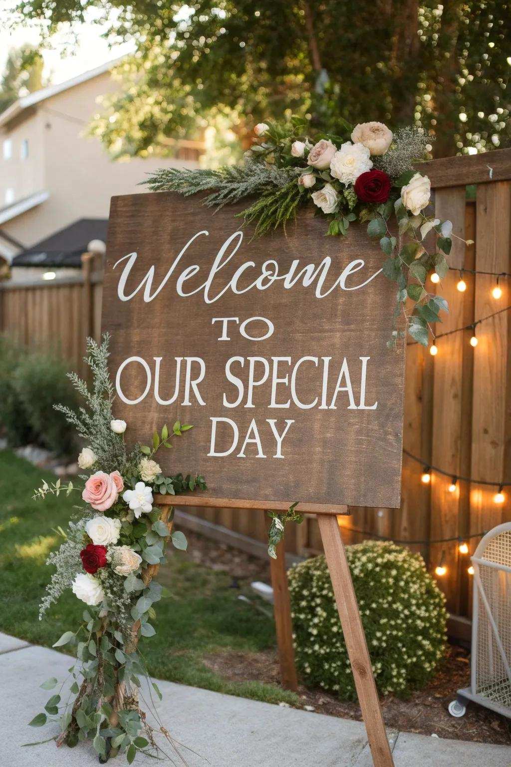 A custom entry marker warmly welcomes attendees at the wedding entry.
