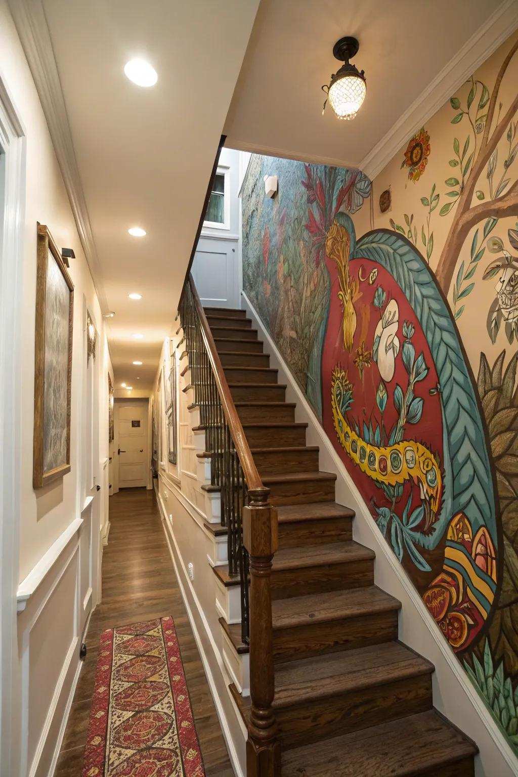 A custom mural turns the stairway wall into an artistic masterpiece.