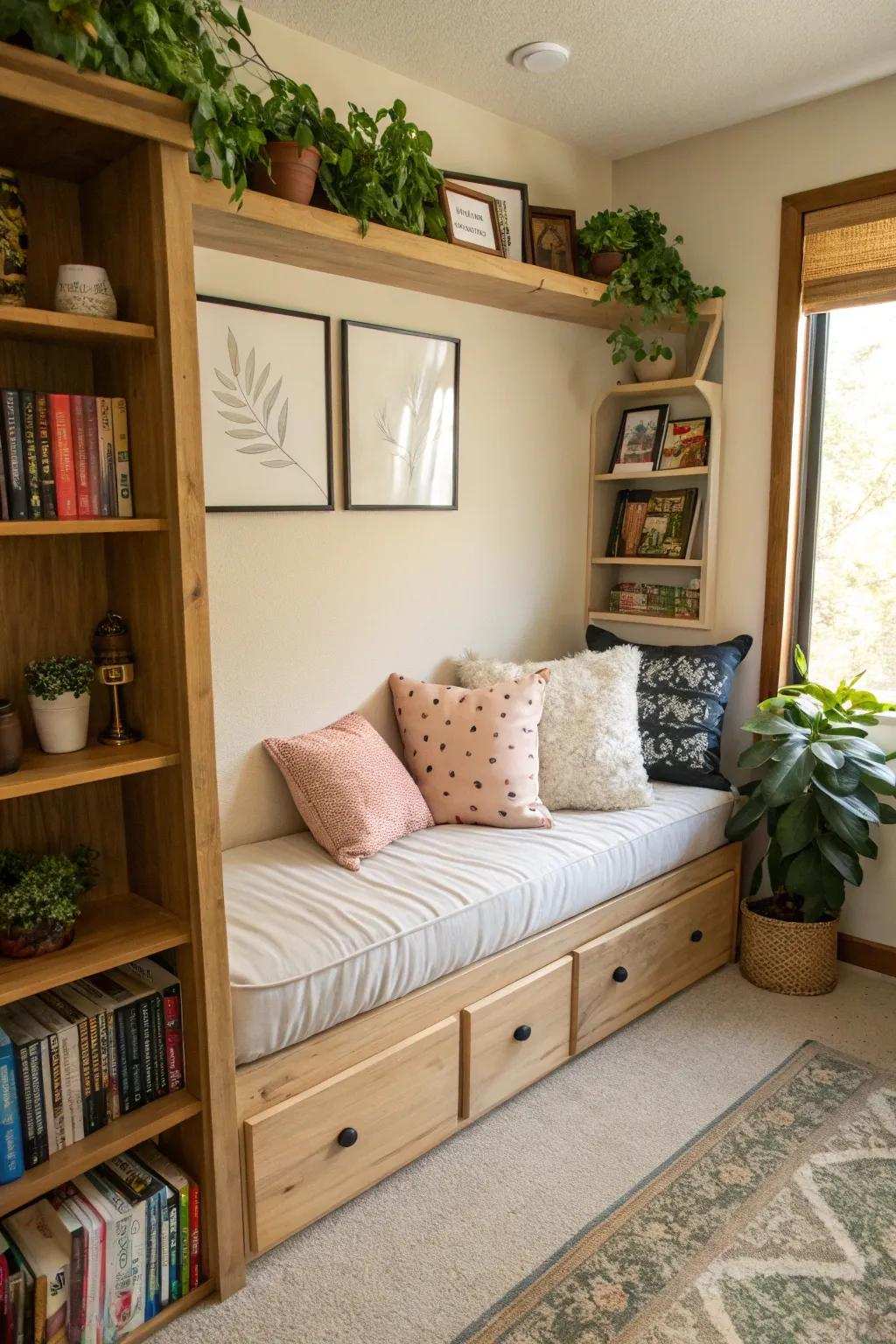 A daybed reading nook is ideal for relaxing in your office.