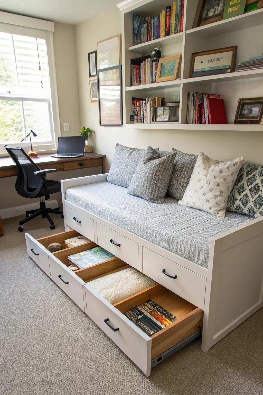 A daybed with concealed storage ensures a tidy workspace.