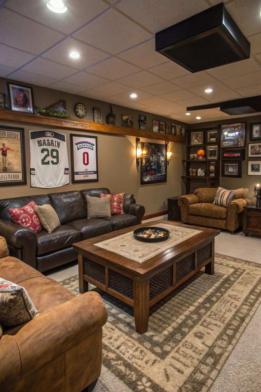 A decorative center table anchors this stylish man cave.