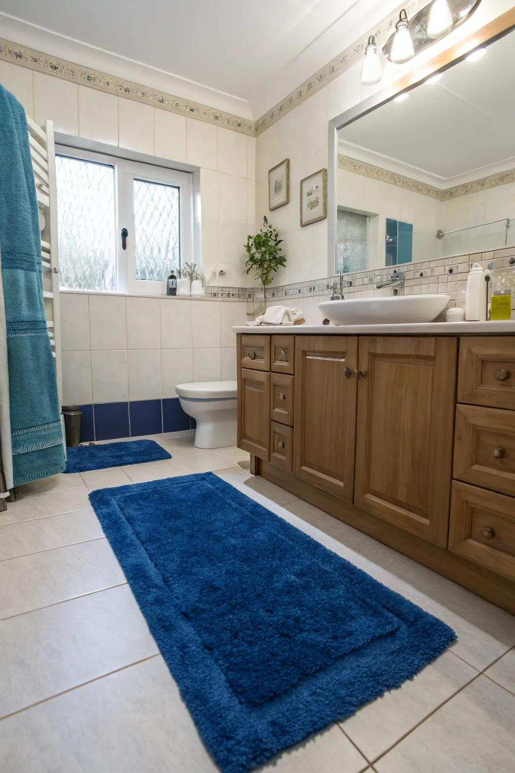 A deep blue rug introduces heat retention and comfort to the floor of this modern bathroom.
