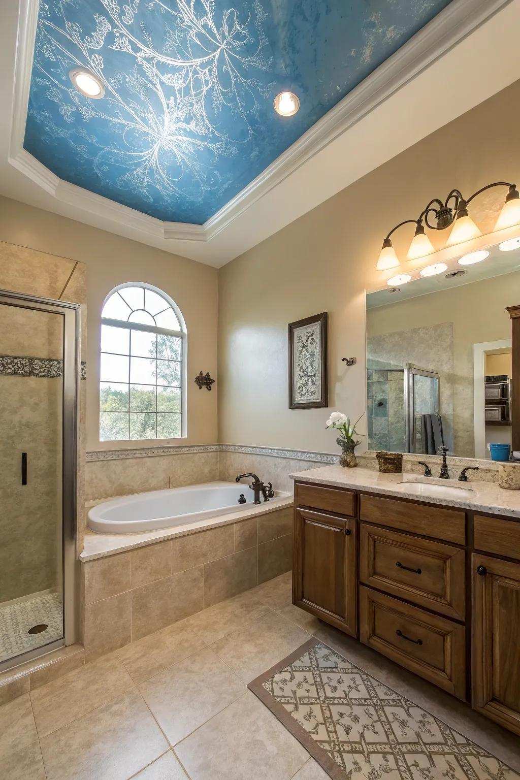 A delicate azure ceiling establishes an airy and tranquil atmosphere within this serene bathroom.