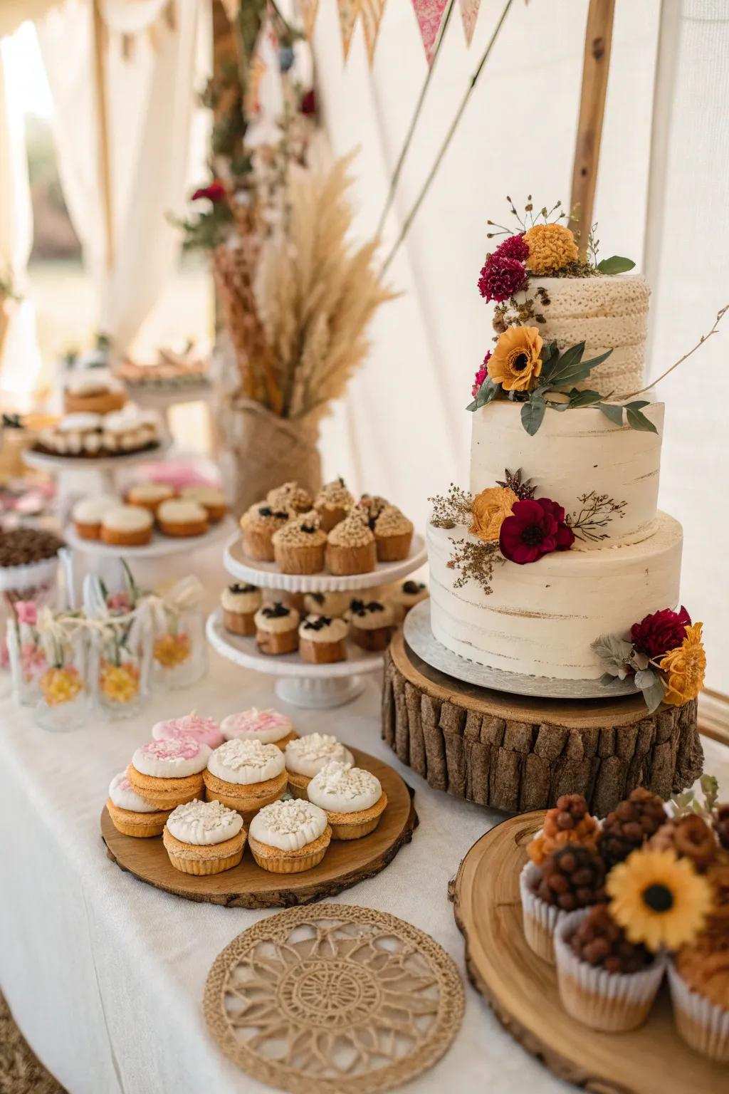 A dessert display with organic details is a treat for the senses.
