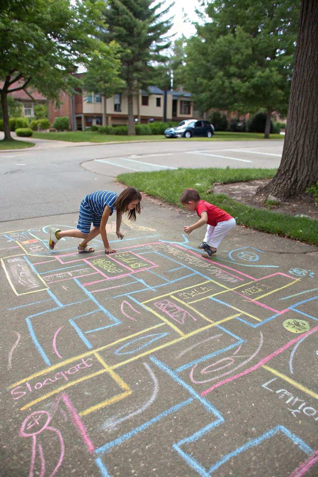 A detailed chalk maze offers an enjoyable challenge for kids.