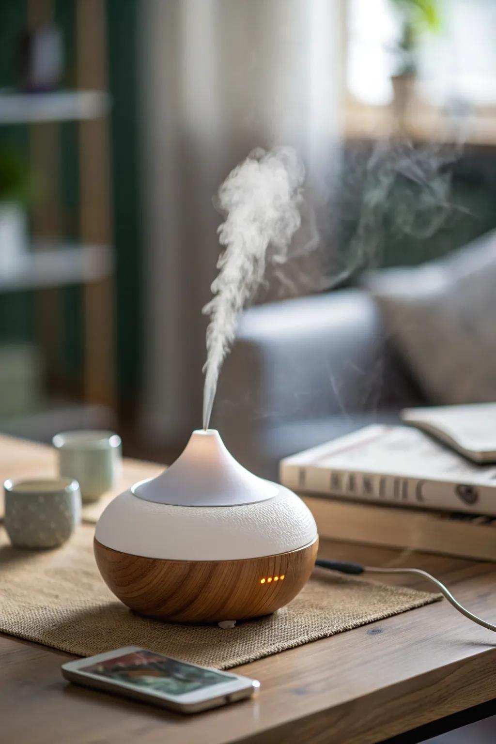 A diffuser filling the space with calming scents.