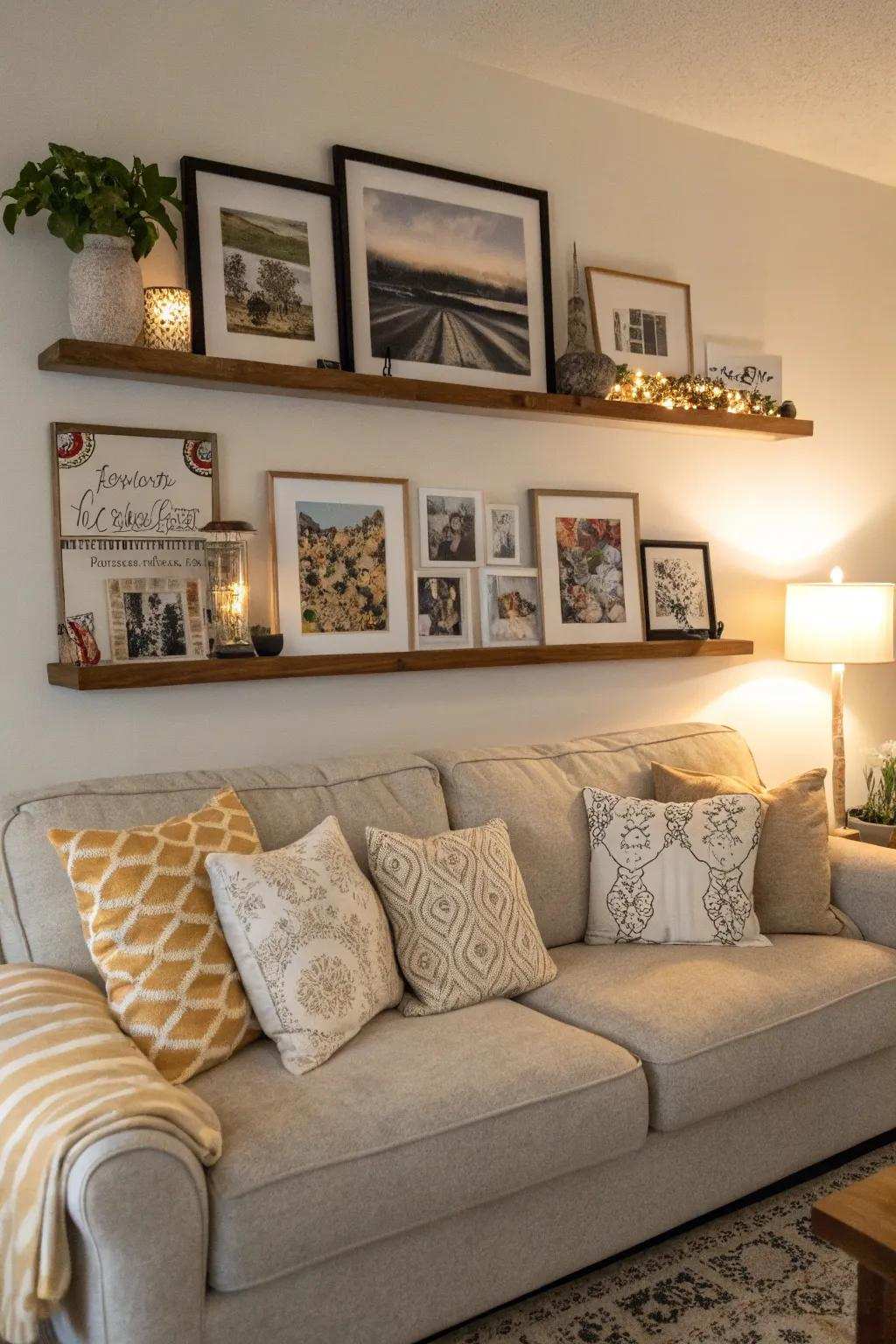 A display ledge above the sofa creates an inviting focal point.