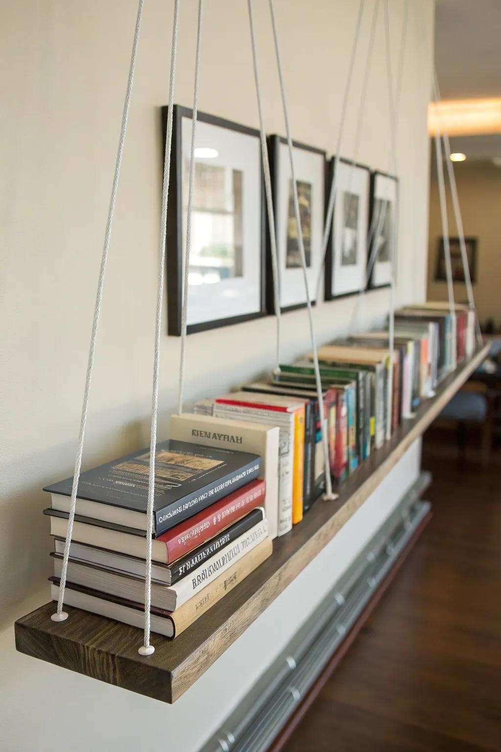 A display ledge used as a floating bookcase maximizes space.
