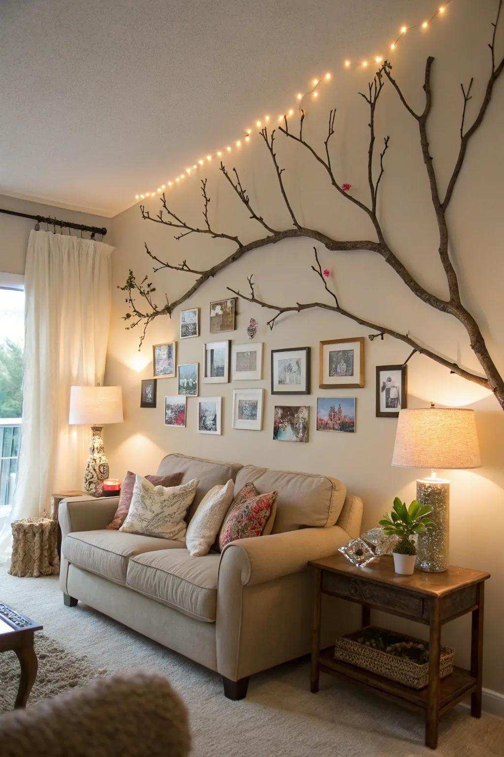 A distinctive branch art exhibit featuring personal photos.