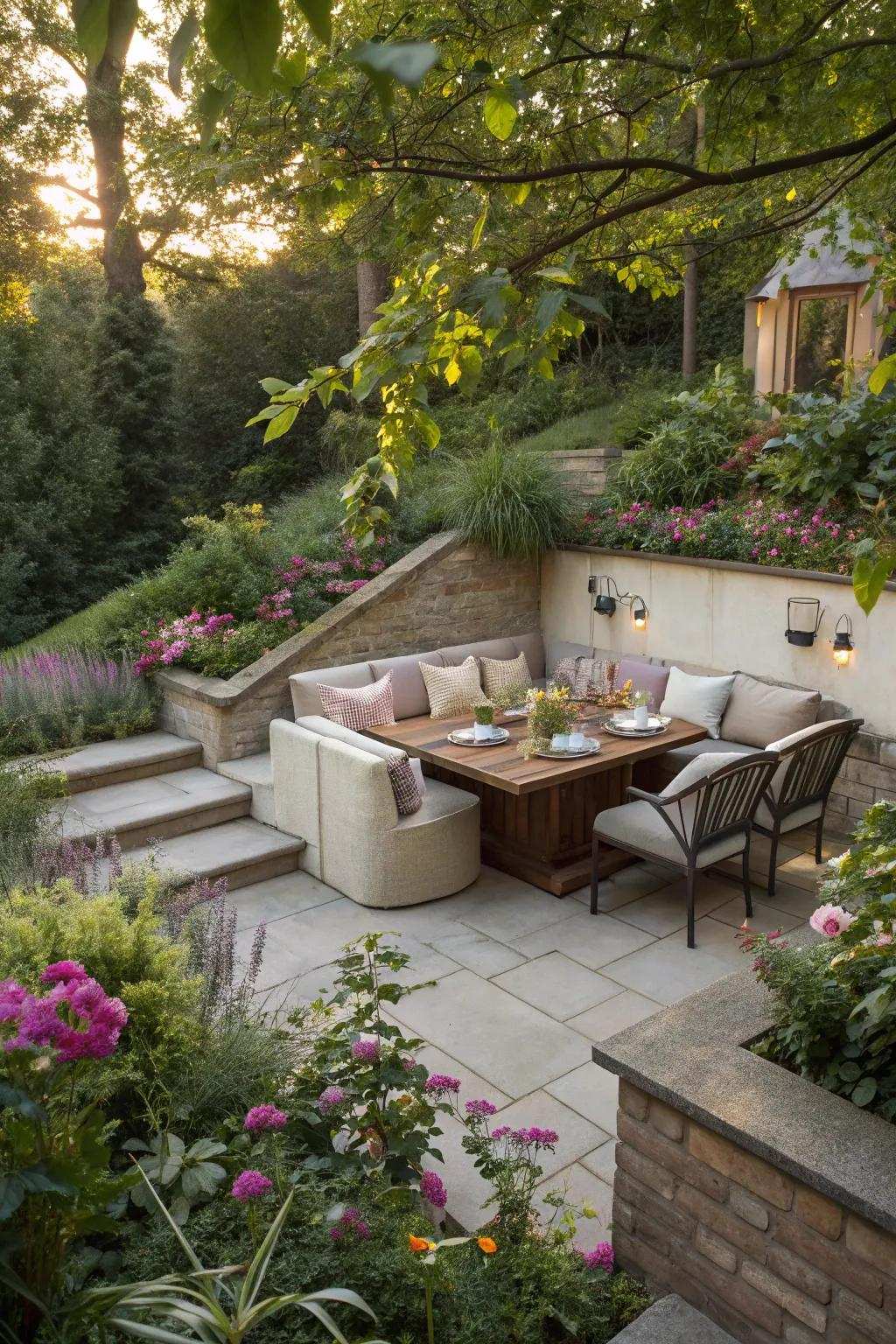 A distinctive sunken dining zone furnishing intimacy and charm.