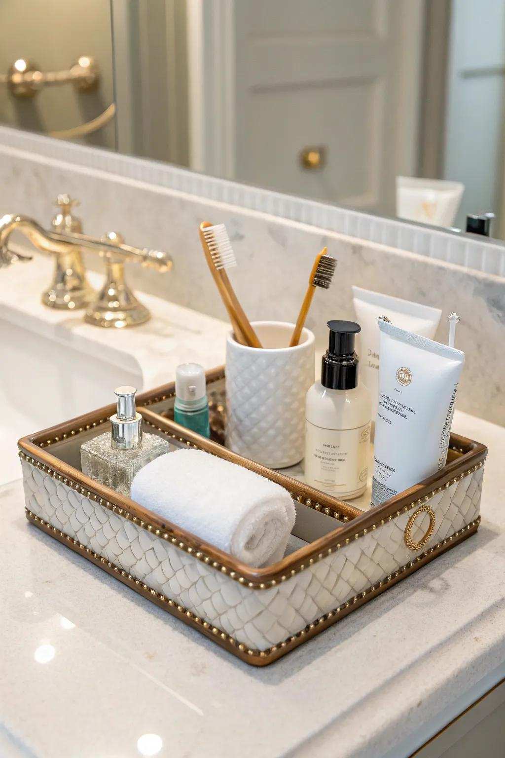 A distinctive vanity plate maintains your essentials arranged and infuses elegance.