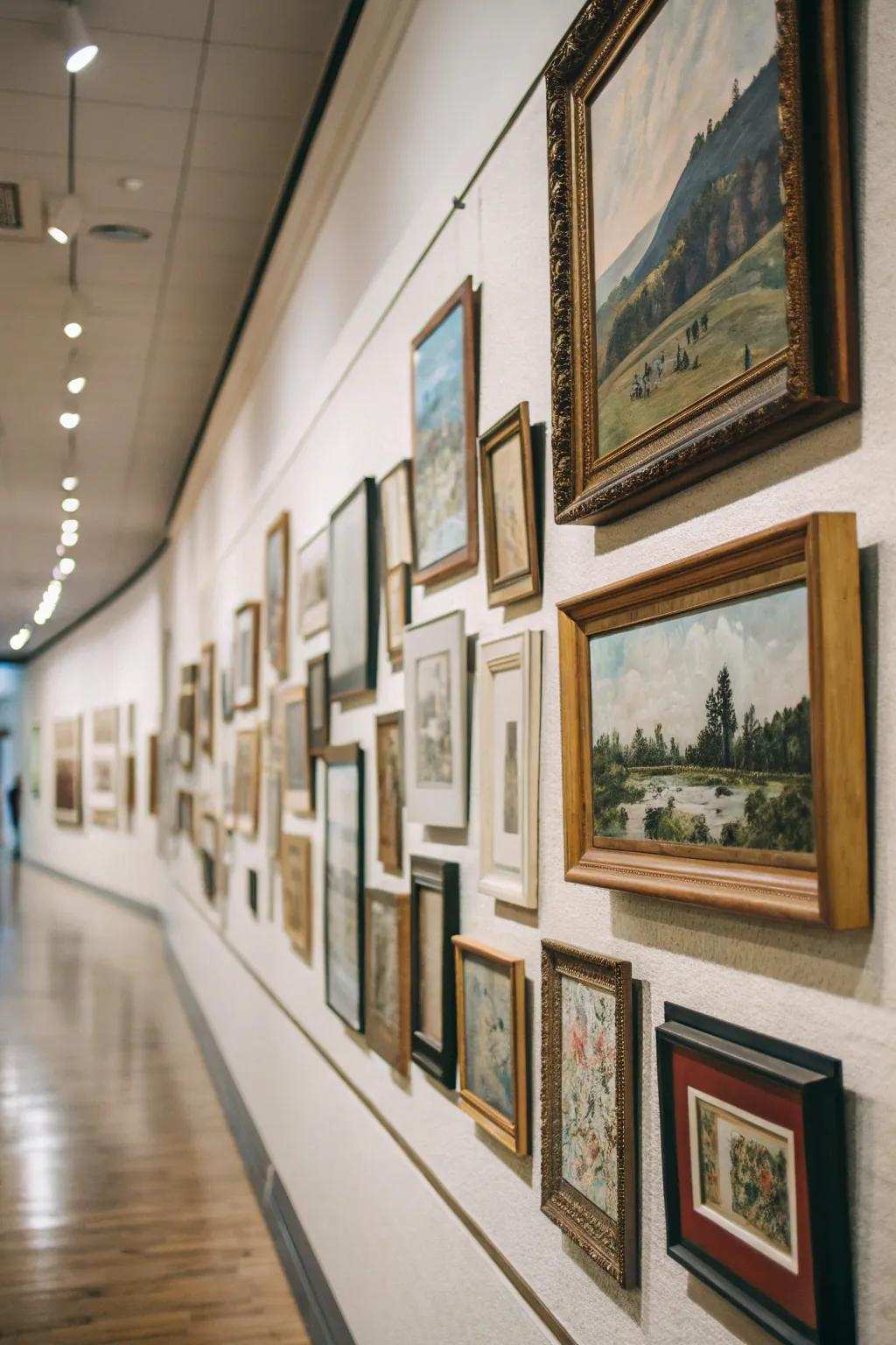 A diverse display wall featuring various frame designs and dimensions.