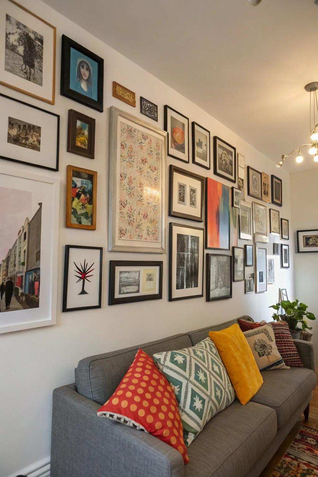 A diverse display wall showcasing a blend of artistic creations and personal memories.