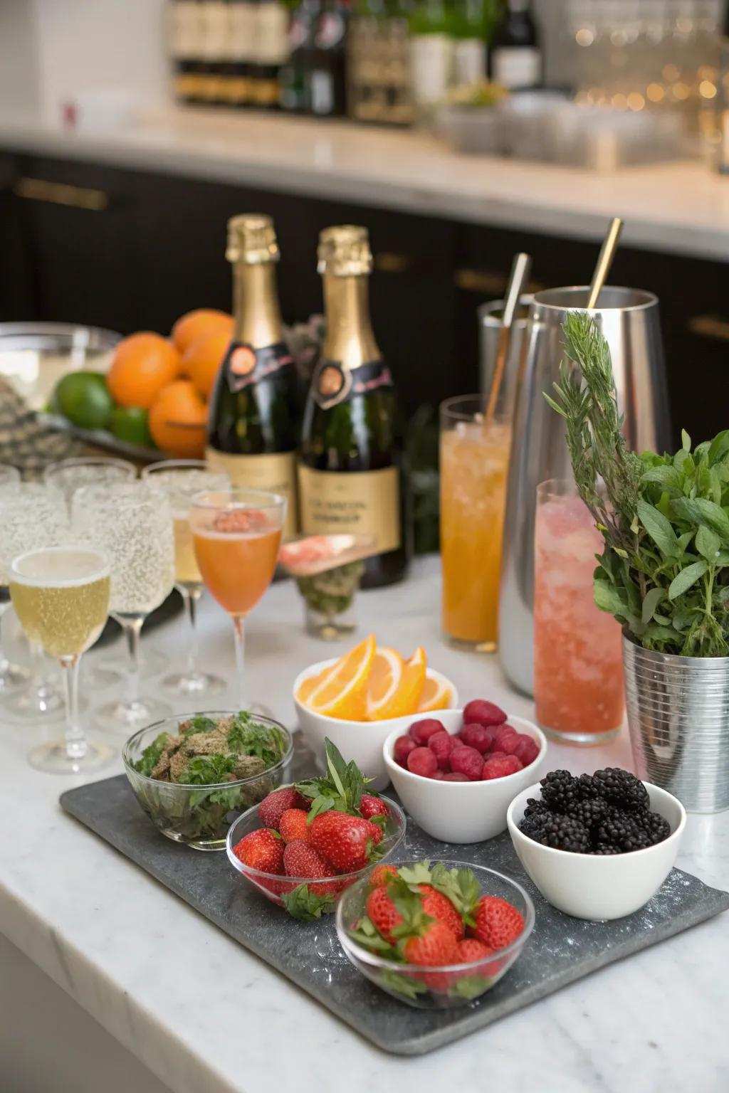 A DIY sparkling wine cocktail station for personalized toasts.