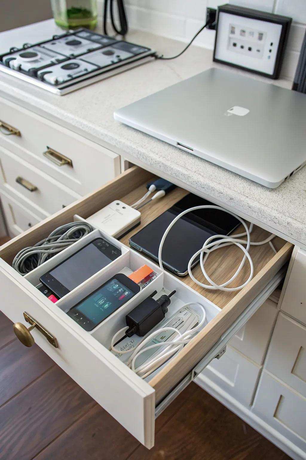A drawer-based charging hub keeps your devices prepared for utilization.