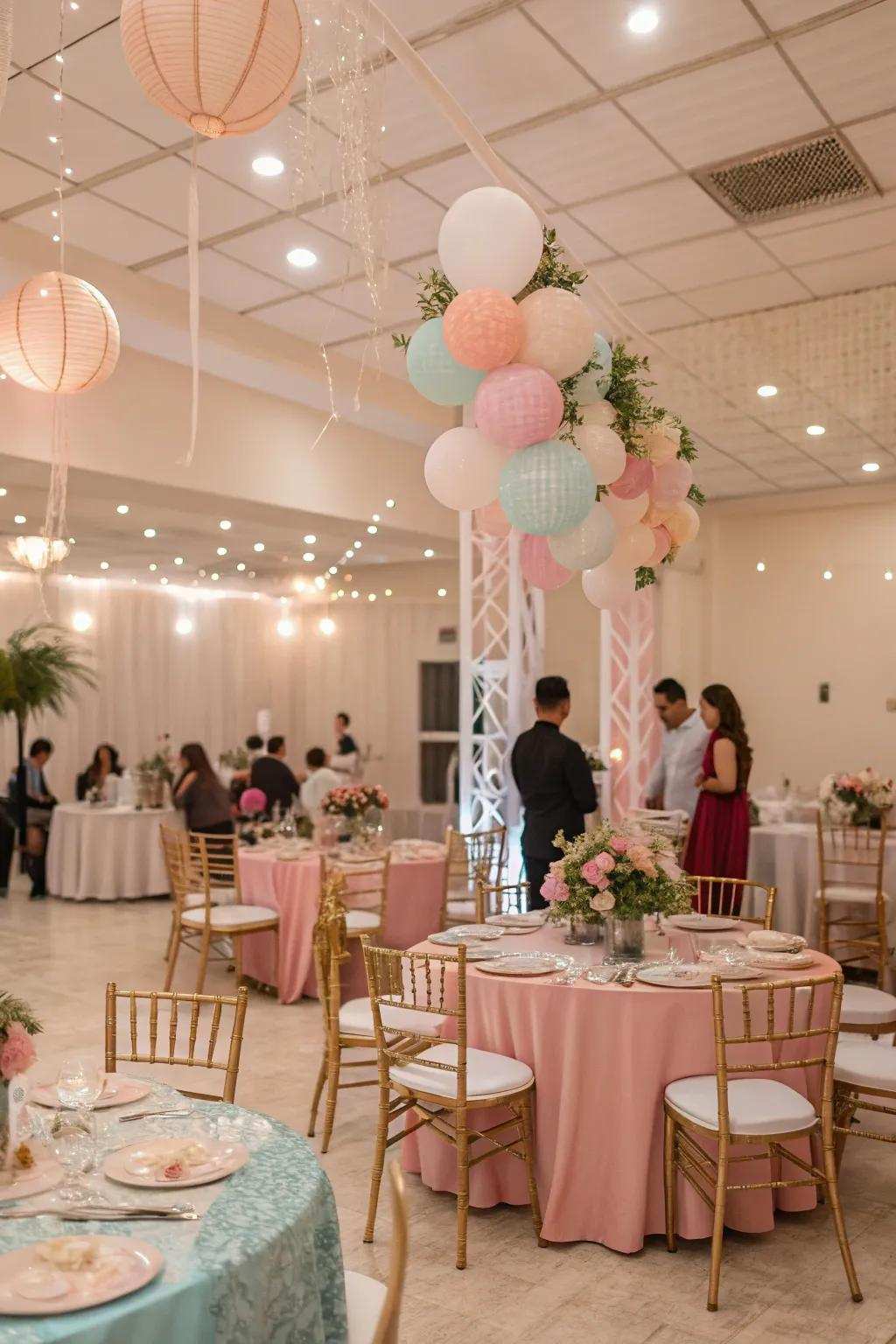 A dreamlike indoor party using gentle decoration and table arrangements.