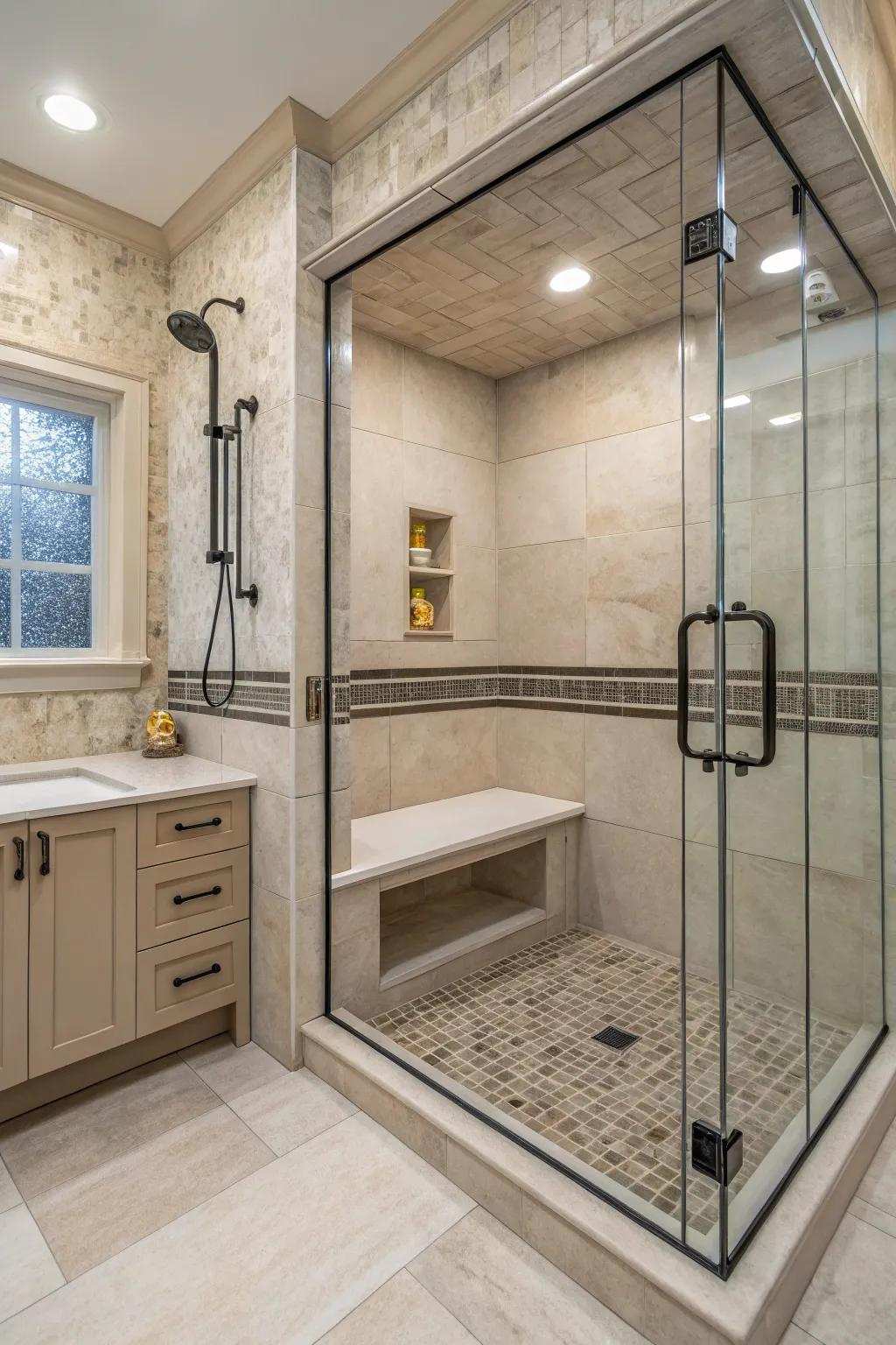 A dual-height bench provides adaptable seating solutions within the shower.
