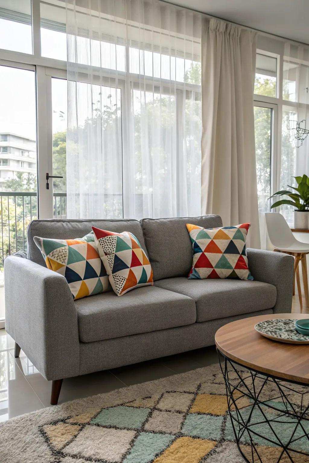 A dynamic and contemporary touch is added by geometric patterns.