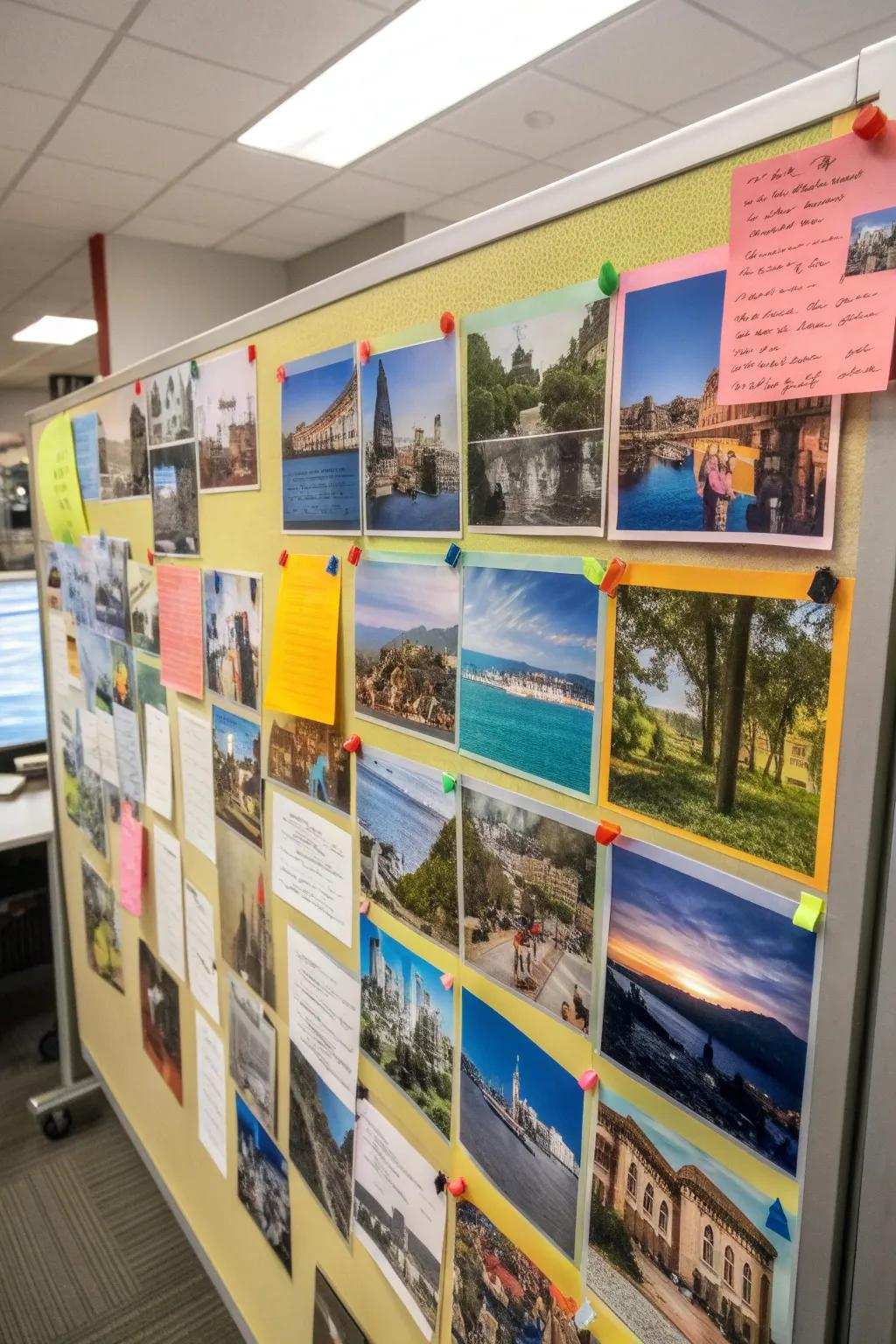 A exploration journeys display with employee photos and stories from around the world.