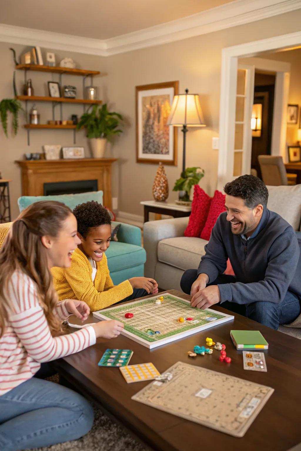 A family captivated by the joy of a board game evening.