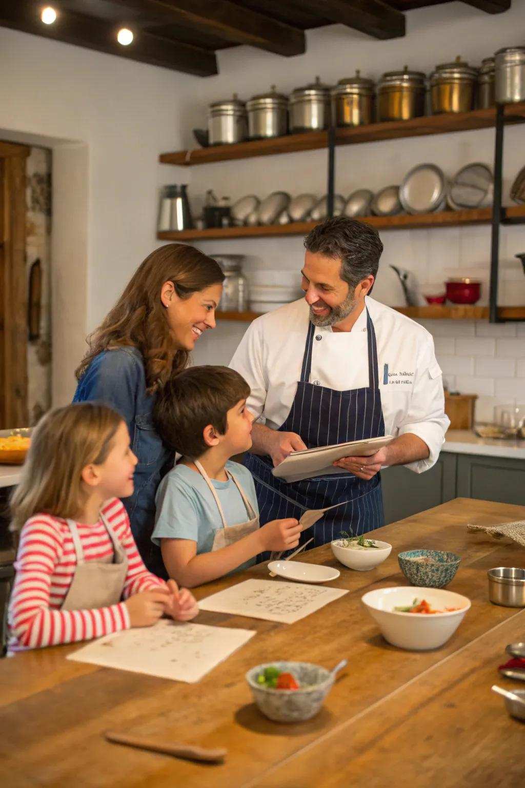 A family learning and laughing collectively in a culinary lesson.
