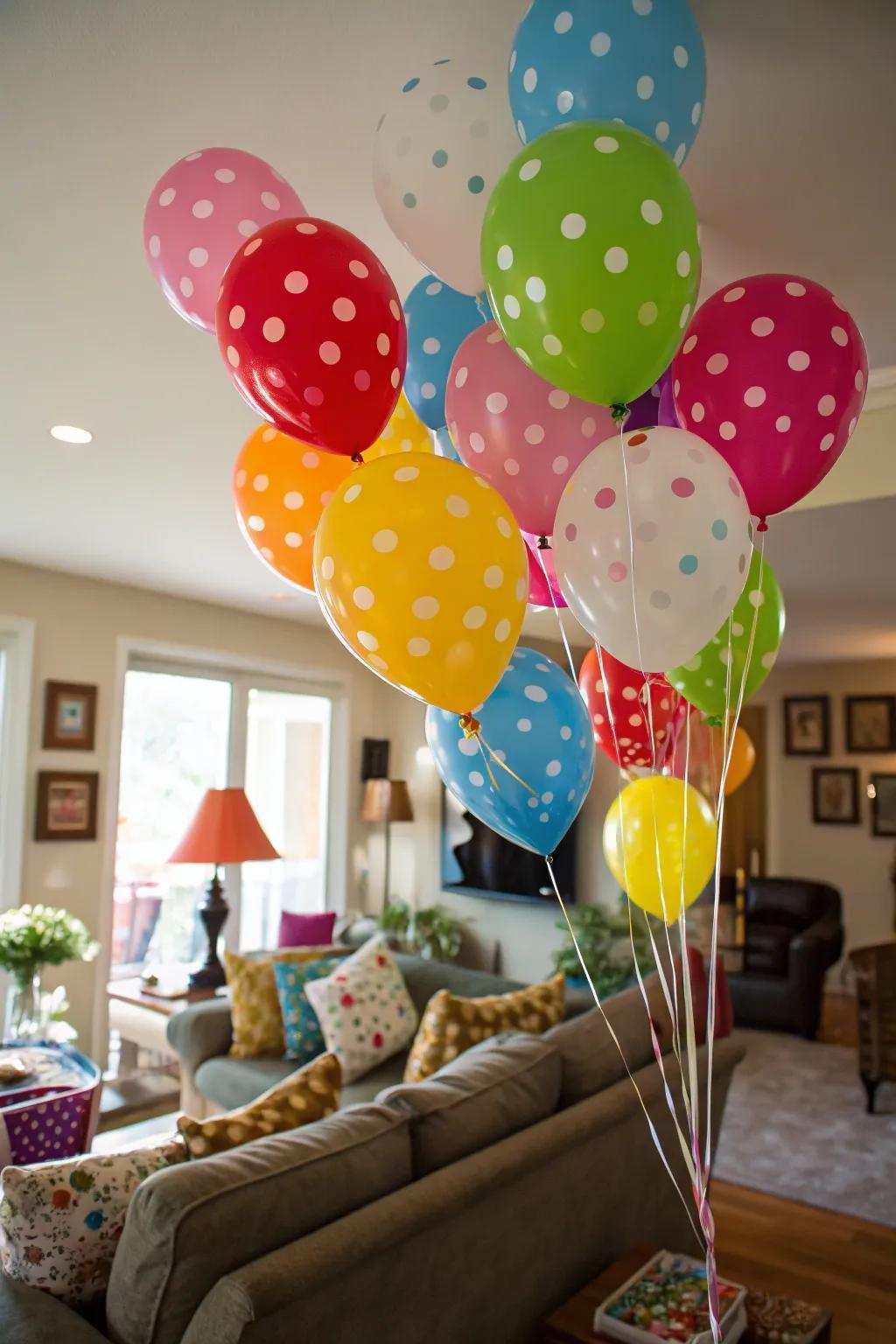 A family room transformed into a vibrant balloon wonderland for a toddler’s special day.