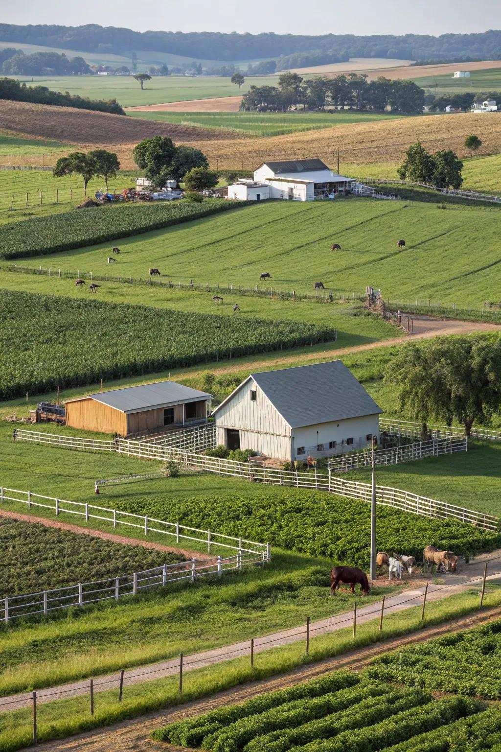 A farm featuring well-defined zones for cultivation, animal husbandry, and living.