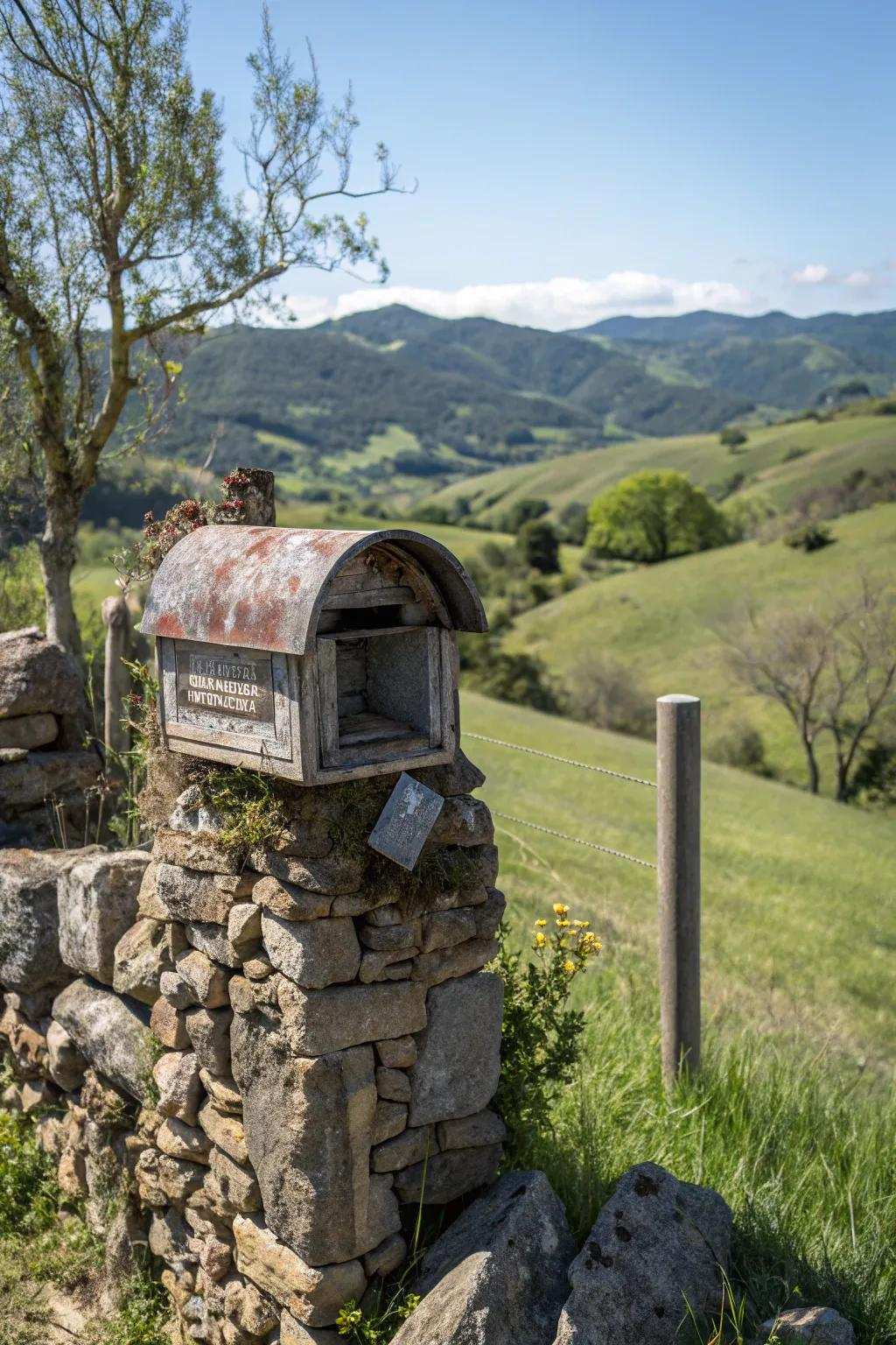 A farmhouse mailbox elegantly protected within a stone enclosure.
