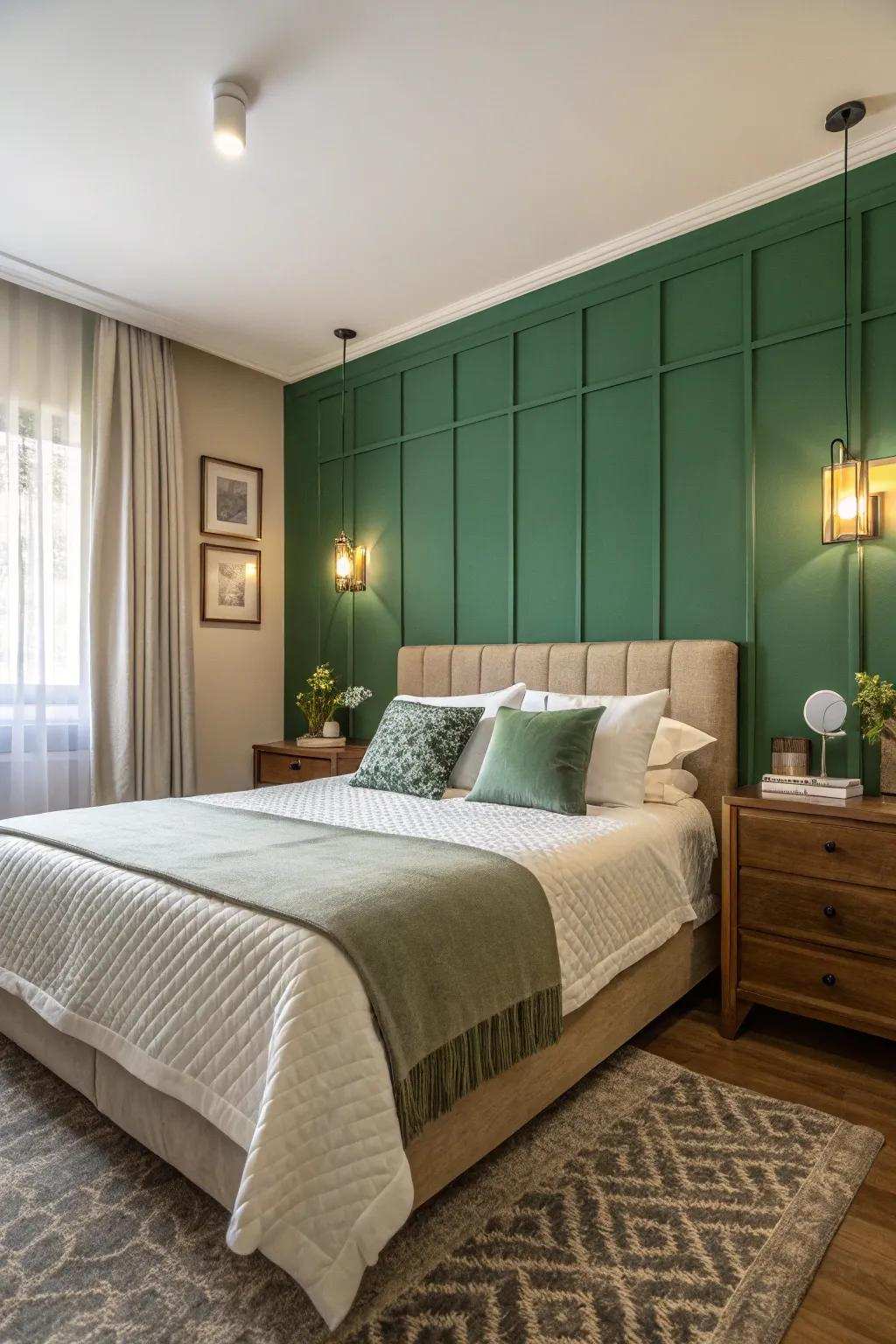 A fashionable bedroom featuring a verdant accent wall as a focal point.