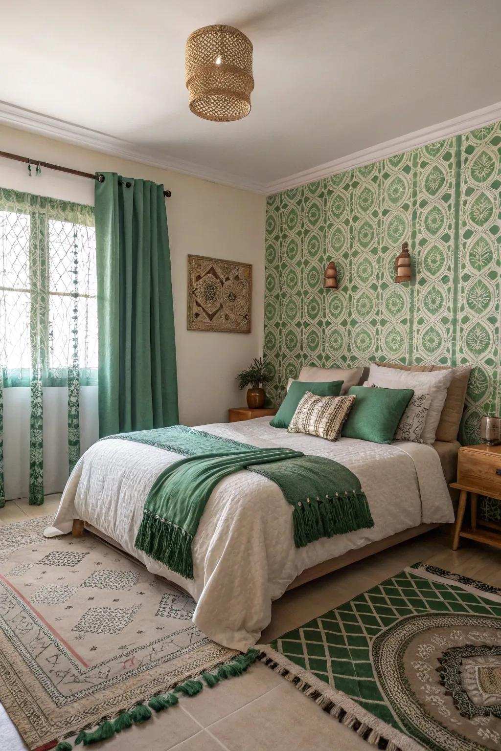 A fashionable bedroom with verdant patterns and textures creating visual interest.